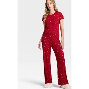 Auden Modal Soft size L heart Red Pointelle Short Sleeve top & Pants Pajama Set